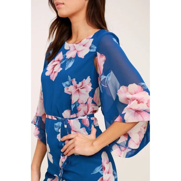 New LULUS W's (L) Joyful Noise Denim Blue & Pink Floral Print Chiffon Mini Dress - Picture 14 of 16